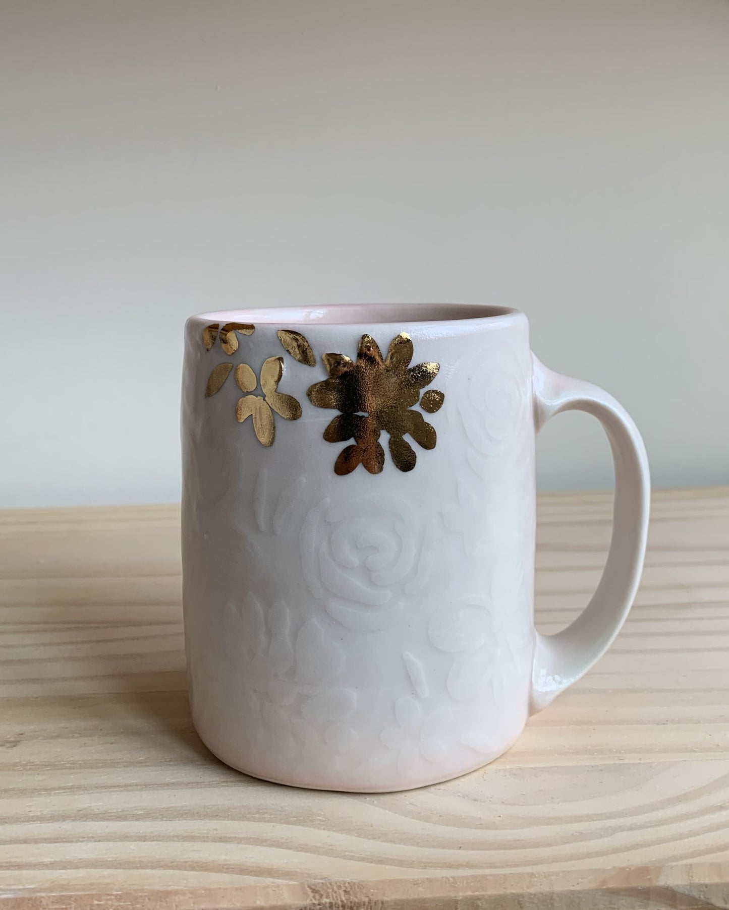 Pink Embossed Mug with Yellow Gold