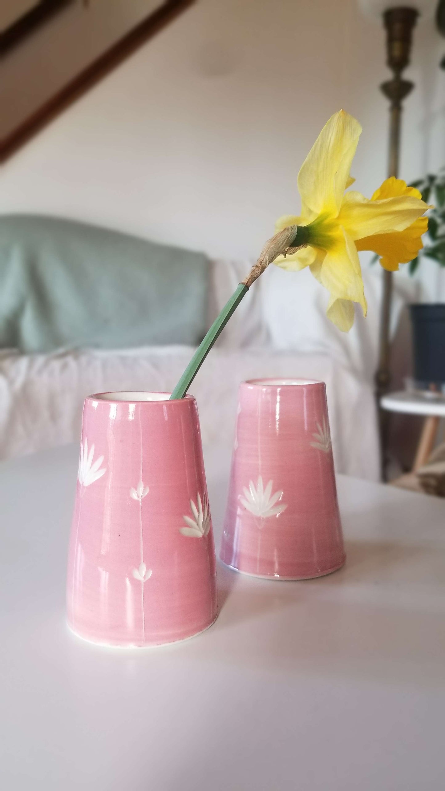 Carved floral bud vases, peony pink. Handmade pottery. Handmade ceramics.