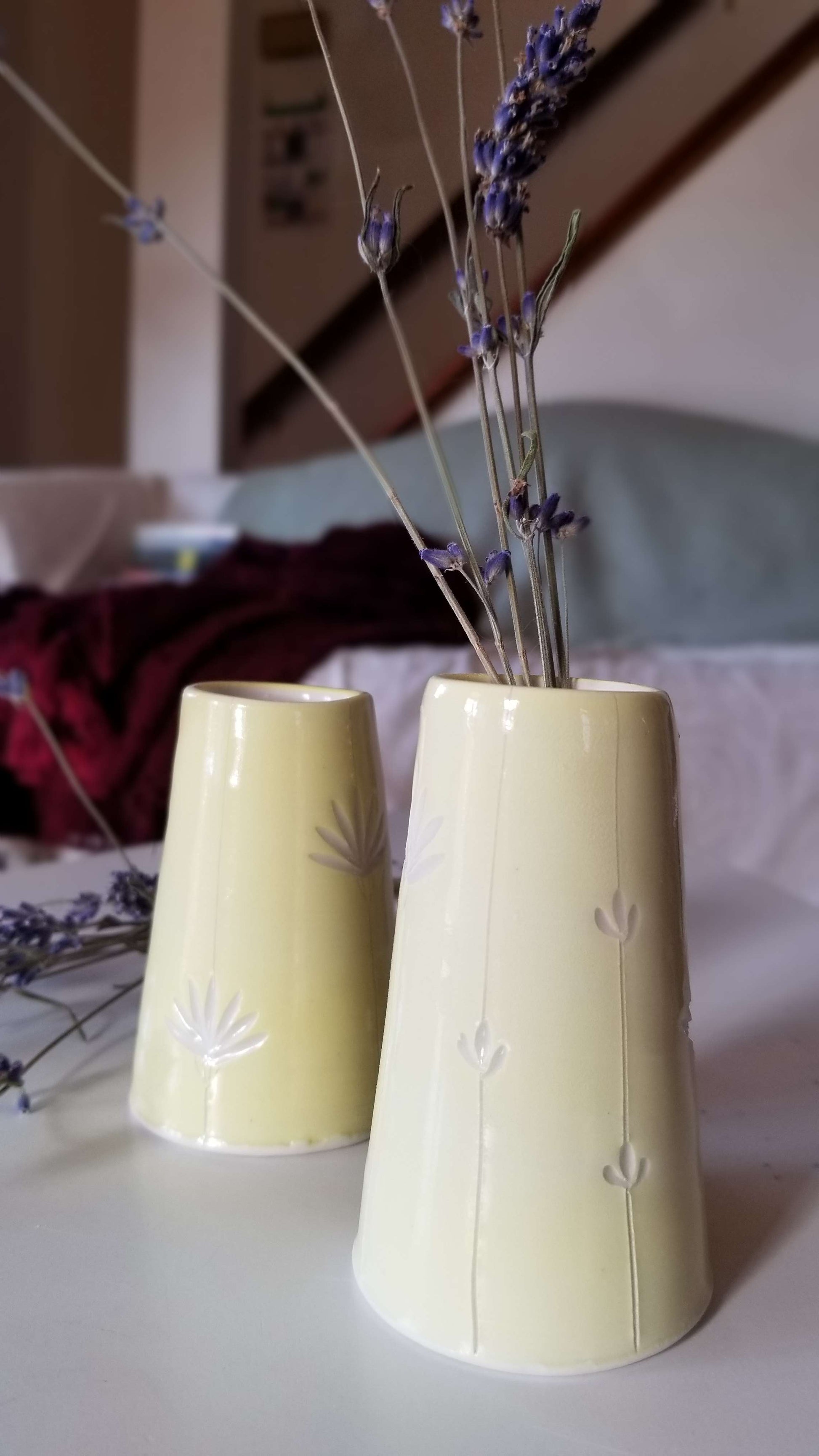 Carved floral bud vases, yuzu yellow. Handmade pottery. Handmade ceramics.