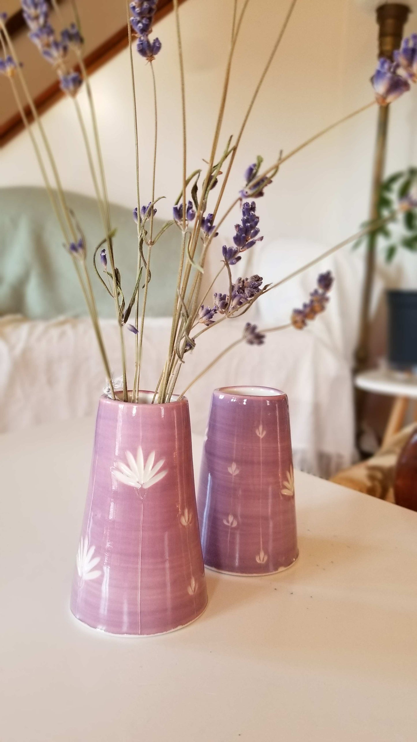 Carved floral bud vases, mulberry purple. Handmade pottery. Handmade ceramics.
