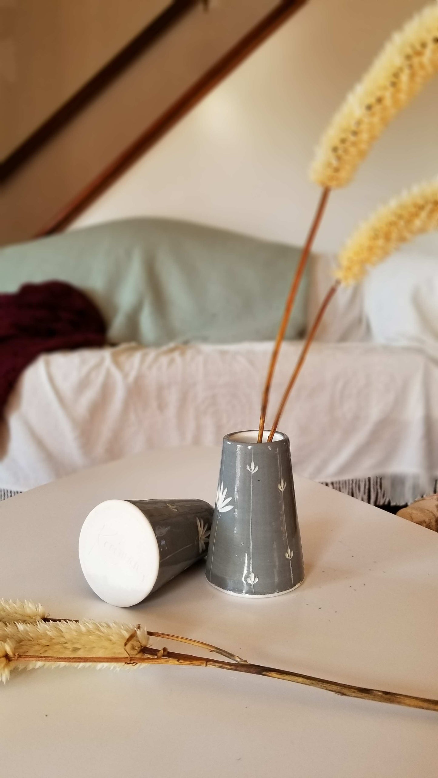 Carved floral bud vases, graphite grey. Handmade pottery. Handmade ceramics.