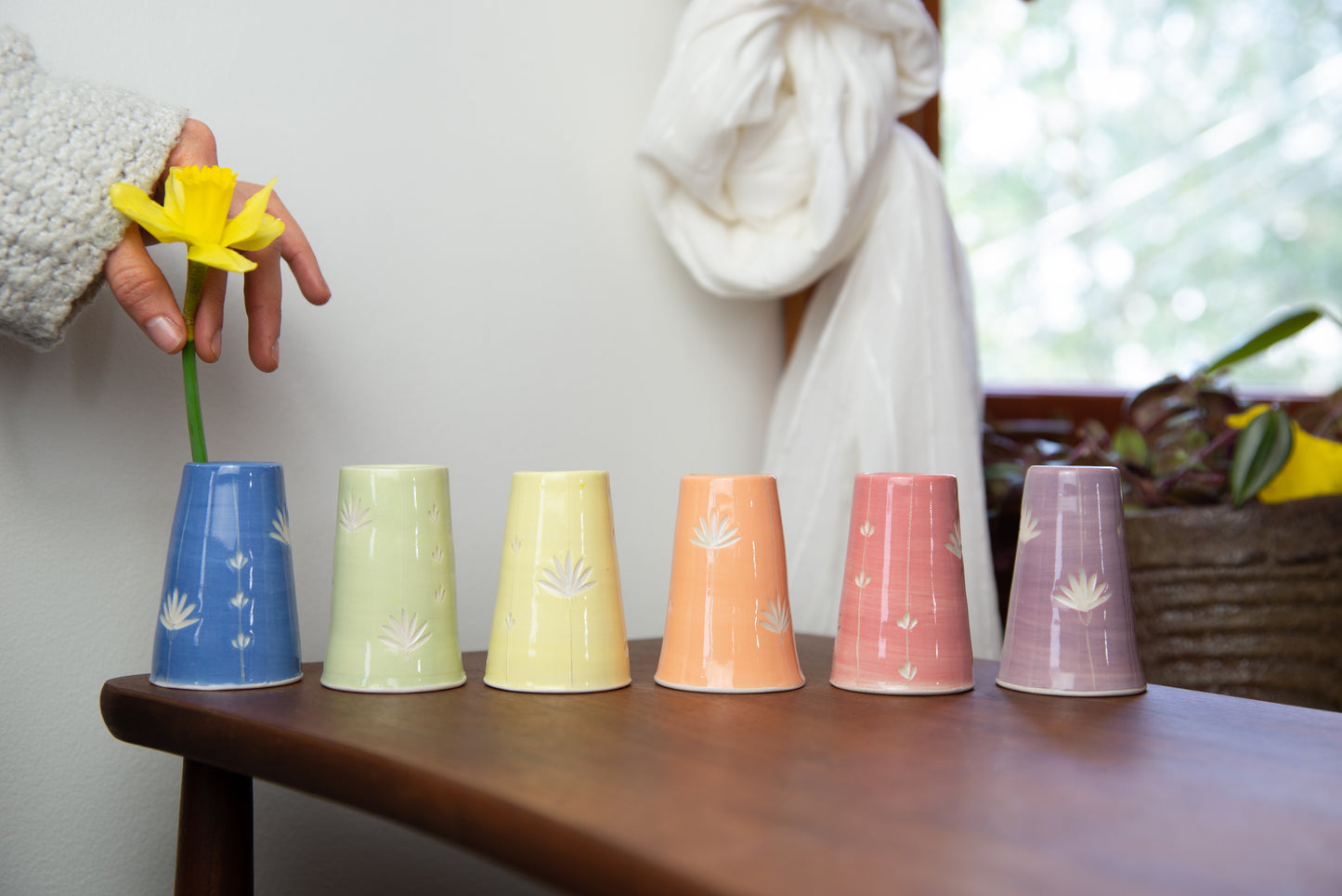 Carved floral bud vases, color range. Handmade pottery. Handmade ceramics.
