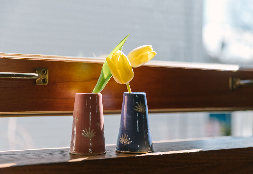 Carved floral bud vases, pair. Handmade pottery. Handmade ceramics.